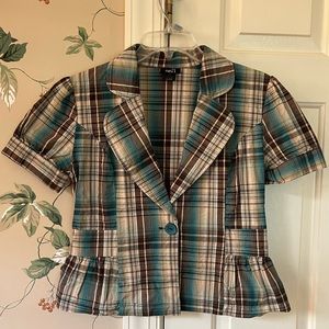 Brown & Teal Plaid Short Sleeve Jacket Blazer